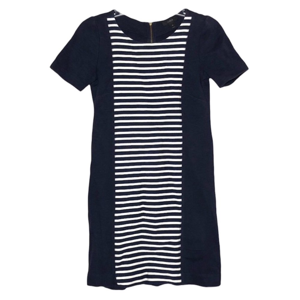 J. CREW | Navy Blue Striped Panel Short Sleeve Fitted Dress Zipper Back